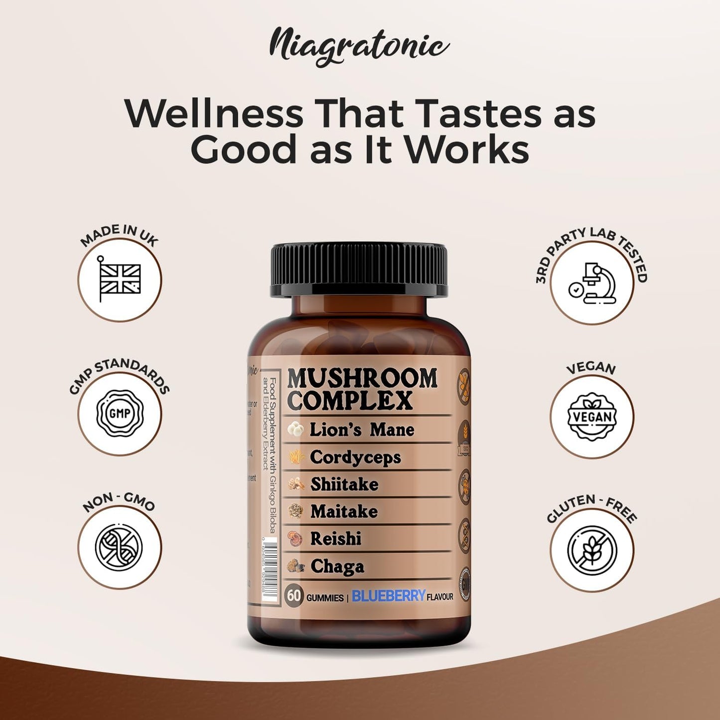 Mushroom Complex Gummies – Lion’s Mane, Reishi & Adaptogen Blend with Ginkgo & Elderberry (60 Sugar-Free Gummies)