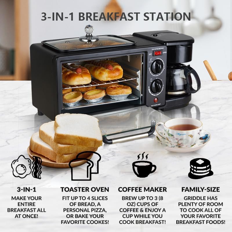 3-in-1 Breakfast Machine – Coffee Maker, Toaster Oven & Griddle