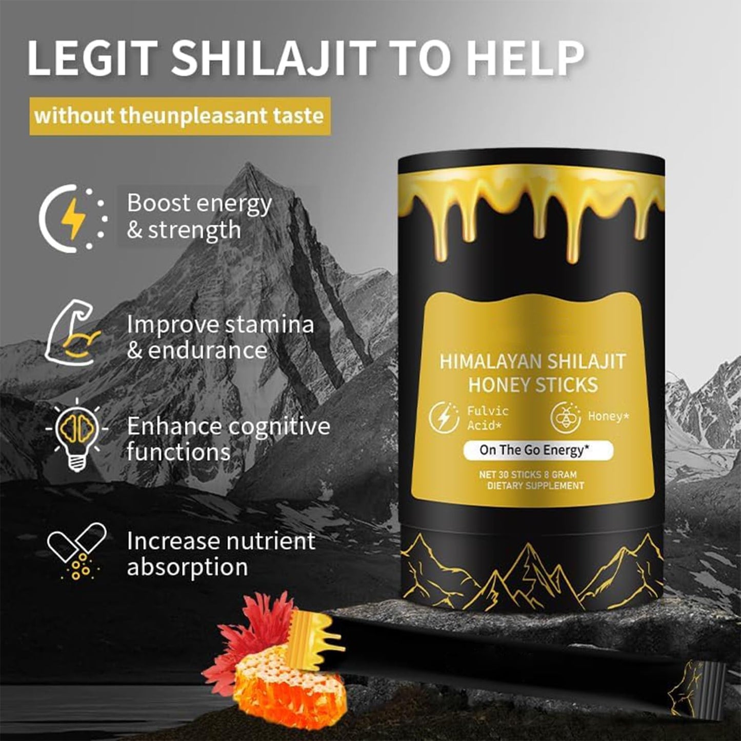 Shilajit Honey Sticks for Men – Himalayan Shilajit & Honey – 30 Sachets