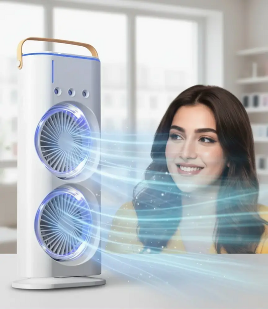 Portable Mini Air Cooler Fan – 3-in-1 Mist Spray, Dual Fan & USB Rechargeable Cooling