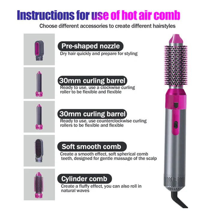 5 In 1 Ceramic Hot Air Brush Hair Styler & Dryer for Curling, Straightening & Volumizing